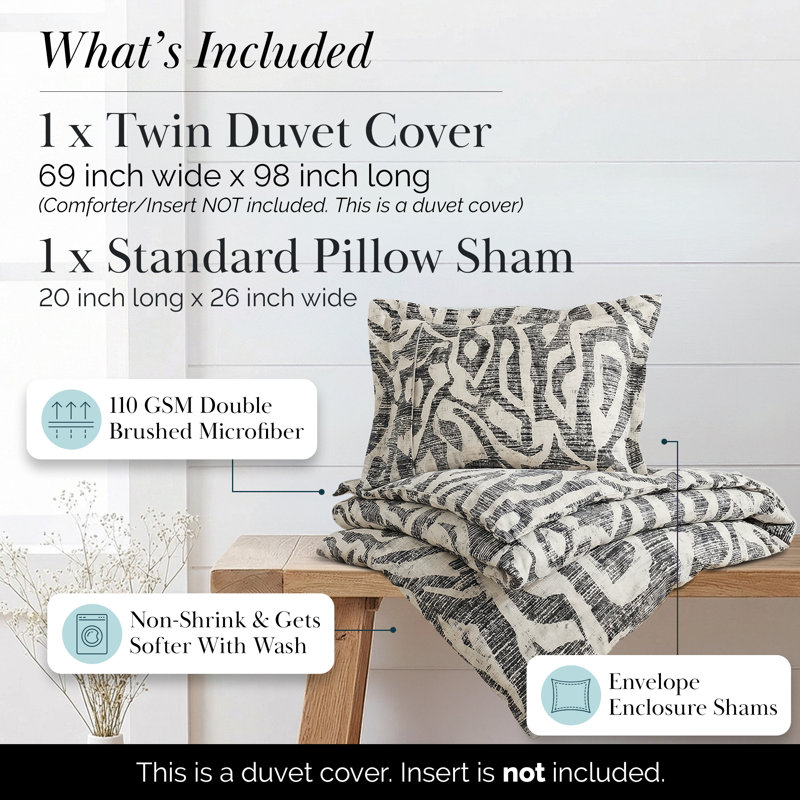 Khari Microfiber Duvet Cover Set, Twin Duvet Cover + 1 Sham, Gray