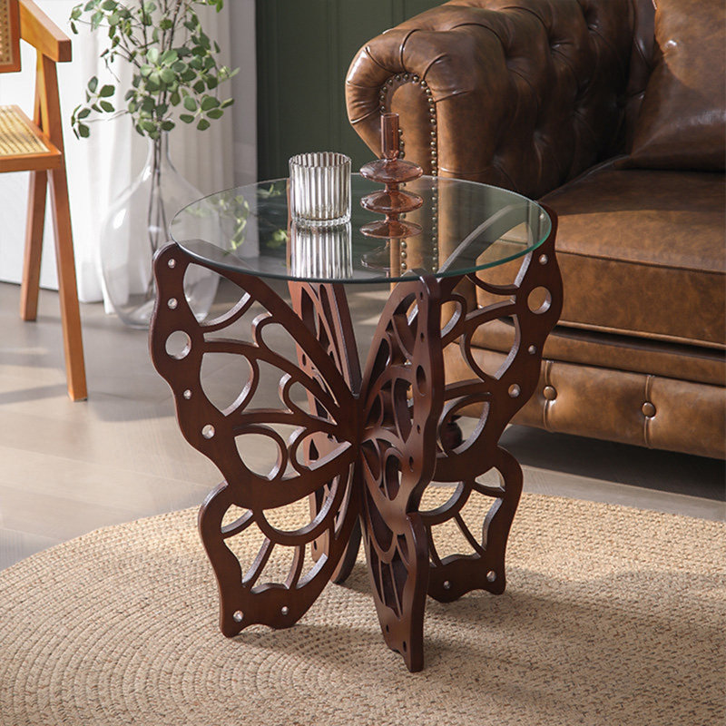 Table d'appoint 24,8 po à plateau rond en verre brun avec base en bois massif Butterfly Hollow