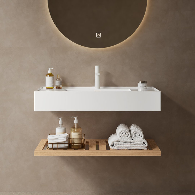 Meuble-lavabo mural rectangulaire en acrylique flottant de 36 po avec tablettes rayées, Chêne naturel