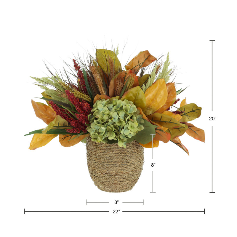 Hydrangea Fall Floral with Wheat and Heather in Rope Pot
