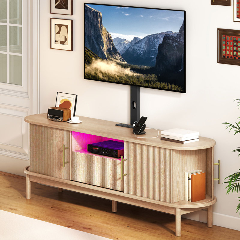 Meuble télé 66 po avec console en métal et bande à DEL de 66 po, Bois naturel