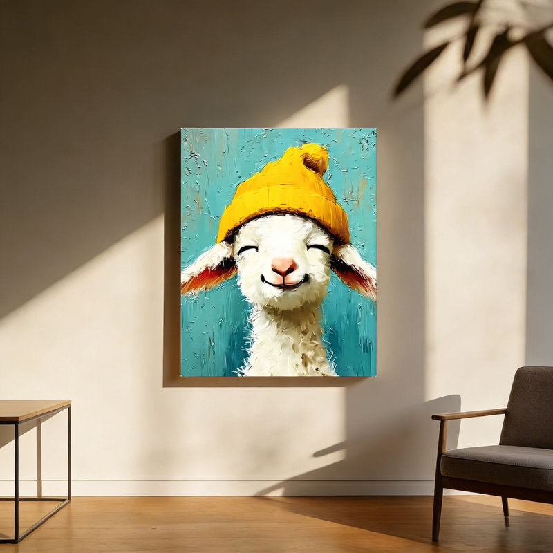 Agneau souriant jaune, cadre en bois à l'arrière, 20 po x 30 po