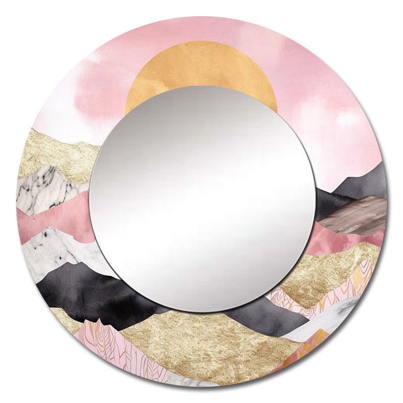 Vibrant Mountain Landscape V - Miroir mural paysager, miroir décoratif rond rose, impression d'art en métal, 29 po x 29 po