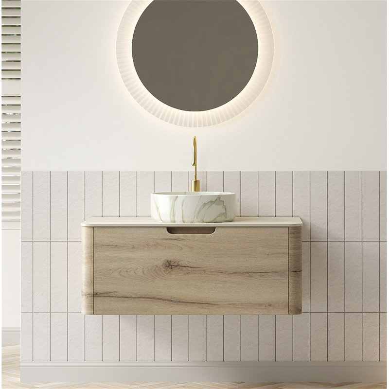Meuble-lavabo de 36 po avec lavabo, armoire de rangement flottante en contreplaqué avec tiroir, cuve en céramique avec motif en pierre et plateau en pierre frittée à motif travertin, pré-assemblé