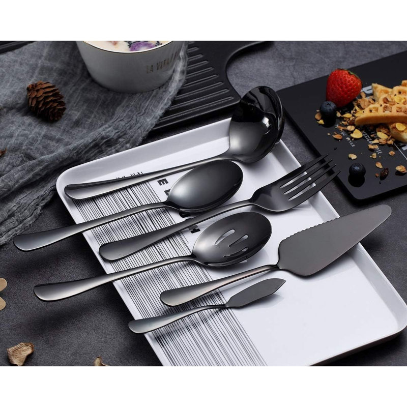 Ensemble de couverts 6 pièces, ensemble d'ustensiles de service en acier inoxydable, y compris un moule à gâteau, une cuillère à rainure, une cuillère de service, une fourchette à viande froide, un couteau à beurre, une louche à soupe