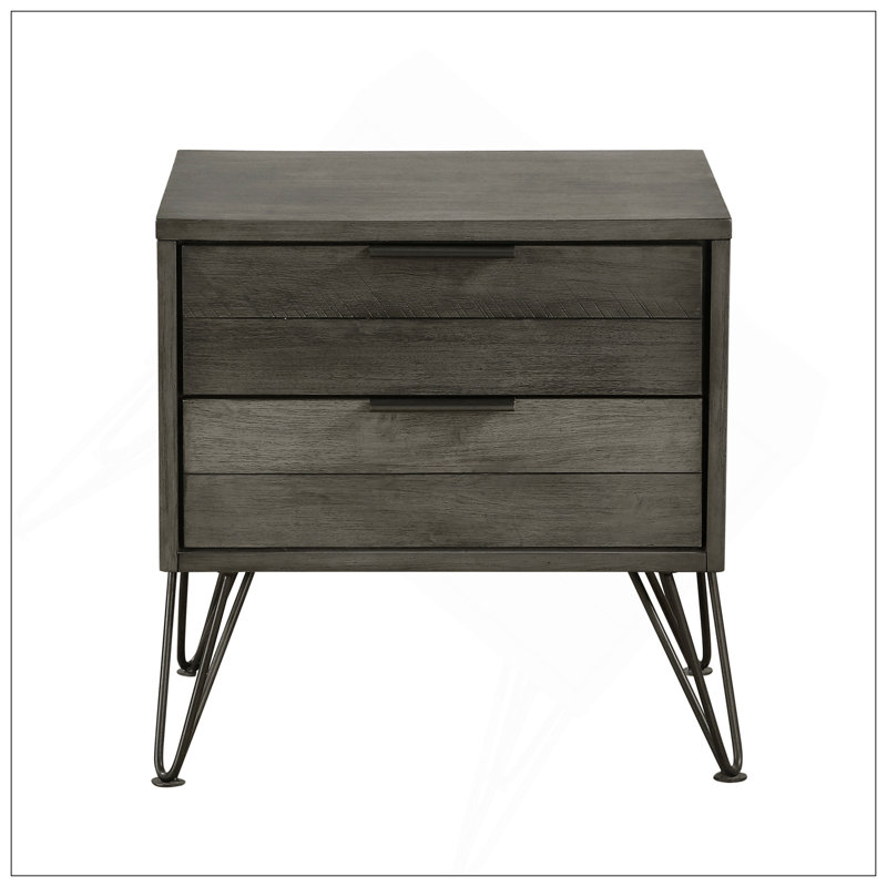 Table de chevet contemporaine à finition grise trois tons avec pieds en métal et placage d'acacia pour les chambres à coucher modernes