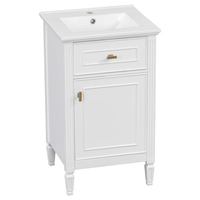 Meuble-lavabo de 20 po avec lavabo, pieds en bois massif, tablette réglable, tiroir inclinable, boutons en alliage de zinc, armoire autoportante moderne pour petite salle de bain