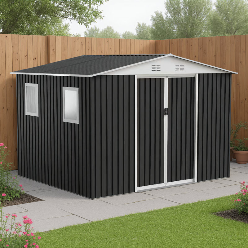 Grey Apex Roof Garden Shed with Windows,10x8/9x6, 10x8 FT