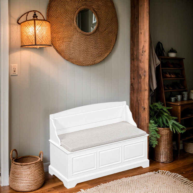 Banc à chaussures de style rétro, banc d'entrée avec deux compartiments de rangement séparés et coussin, Blanc