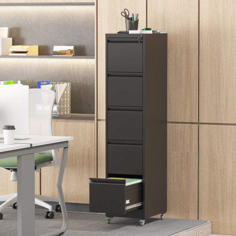 5 Drawer Metal Vertical File Cabinet With Lock And Wheels For Home Office, Adjustable Hanging Rods A4/Letter/Legal Size, Full - Retractable Slides, Construction In Black Wheels, Ample Room Smooth