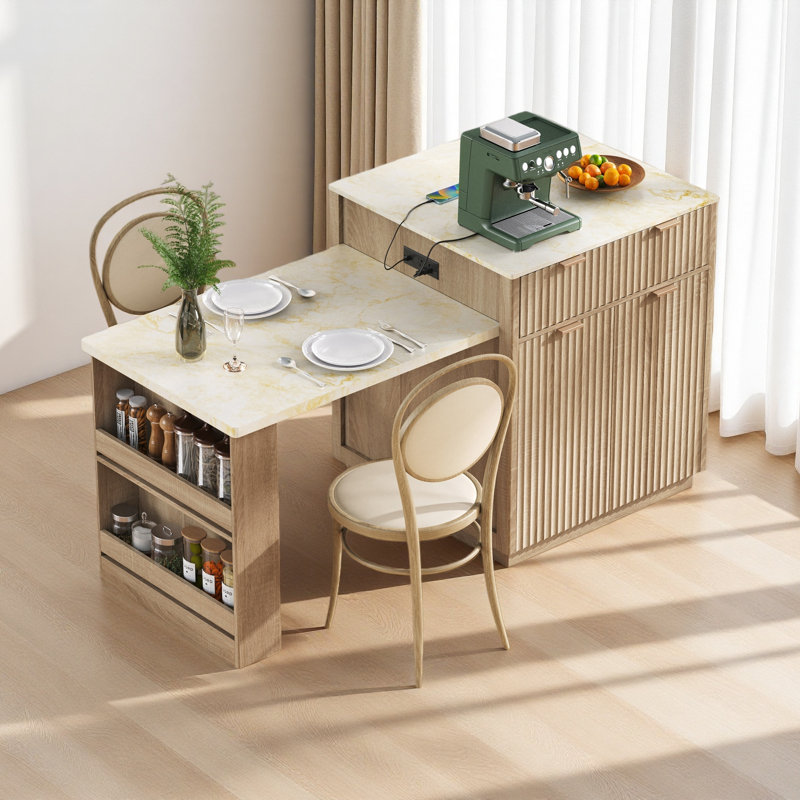 82.6" Fluted Kitchen Island With Extendable Dining Table For 4-6, Island Table For Kitchen With Power Outlet, Kitchen Table With Double-Side Storage
