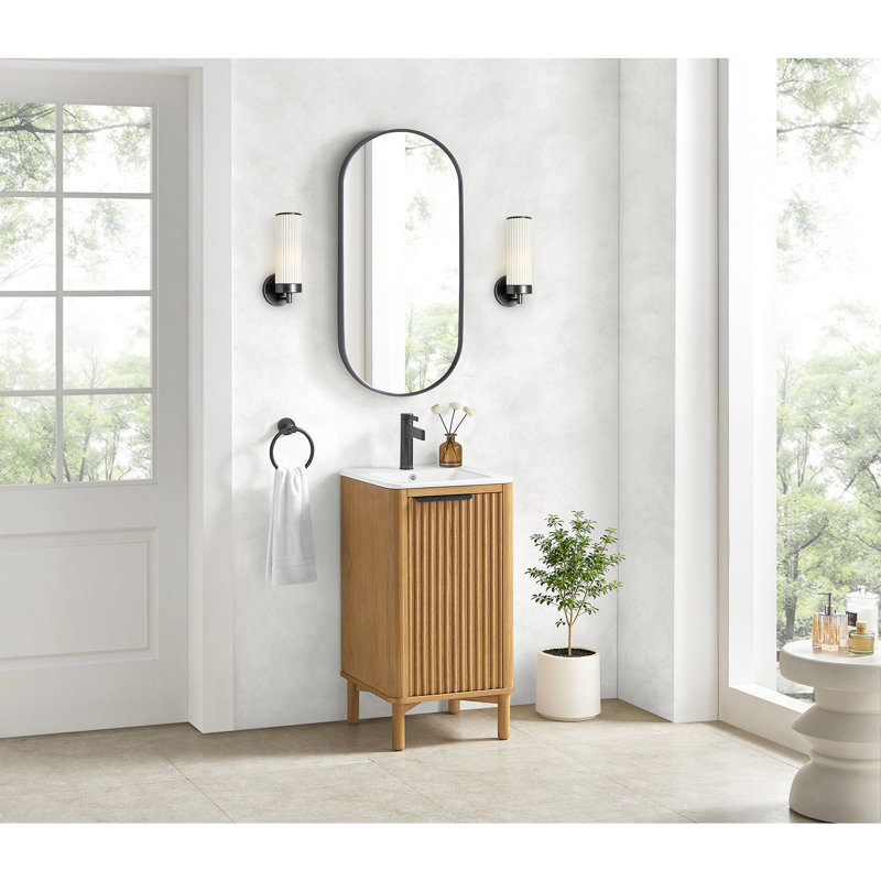 Meuble-lavabo simple 18 po en chêne brun clair Mumbai avec plateau en céramique blanc Mumbai, Chêne brun clair patiné