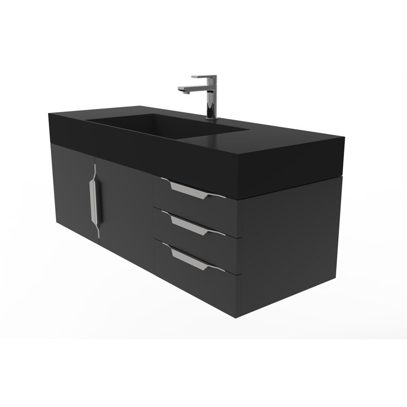 Meuble-lavabo mural simple 48 po avec comptoir à surface solide 48 po, Noir, Noir, Nickel brossé
