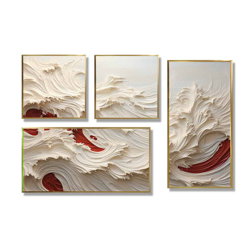 Vague blanche et rouge de style Papercut - impressions sur toile blanches, 4 pièces, Impression encadrée sans passe-partout