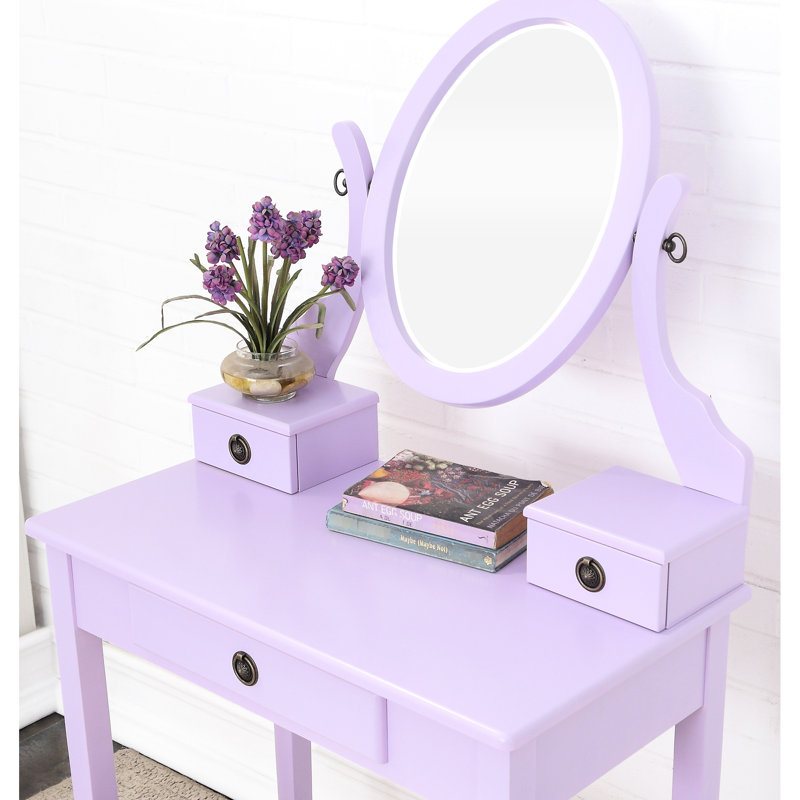 Purple Wood Vanity Table And Padded Stool With 3 Drawer Storage Mirror Modern 3 Adjustable Enticement, Purple