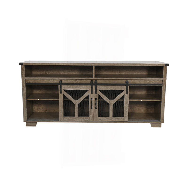 65.3" TV Stand With LED Light Strips And Iron Mesh Barn Door Y Decorative Strip Country Grey Farmhouse Style, Antique Gray