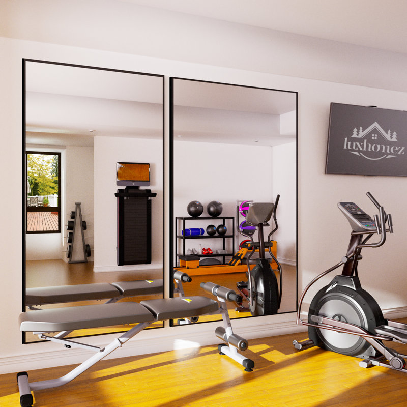 Vertell Oversize Rectangle Full Length Mirror Metal Mirror for GYM/ Bedroom with Stand, Matte Black, 71" x 32"