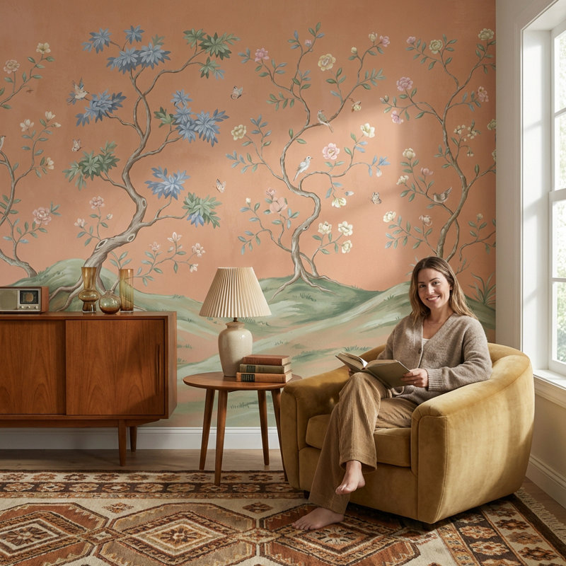 Papier peint floral avec oiseaux et arbres, 100 po x 96 po, Peler et coller