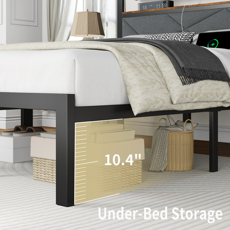Metal Bed Frames with Charging Station, LED Lights, Upholstered Headboard with 2-Tier Storage Shelves, Metal Platform Bed Frame with Slats, No Box Spring Nedded, Noise-Free, Gray