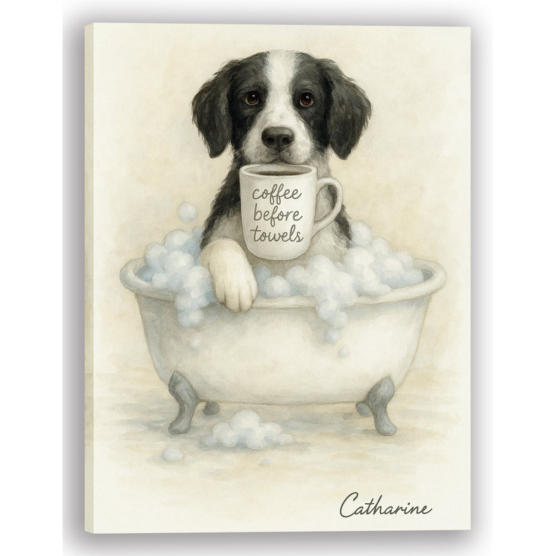 «Coffee devant les serviettes - Chien dans la baignoire», art mural sur toile tendue