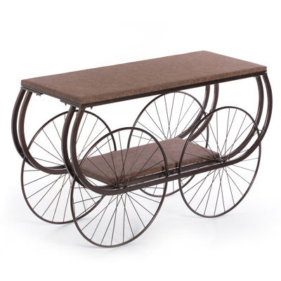  Industrial Wagon Style Console Table Rustic Wood Top Large Spoke Metal Wheels & Lower Storage Shelf Vintage Accent Display Table For Hallway Entryway Dining Room Living Room Or Home Bar