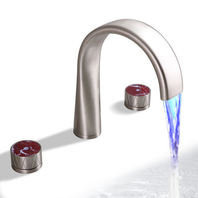 SKOWLL Brushed Nickel Roman Tub Faucet Set, LED High Arc 360° Swivel Spout, Deck Mount Widespread 3 Hole Waterfall Garden Bathtub Faucet 2 Round Handle