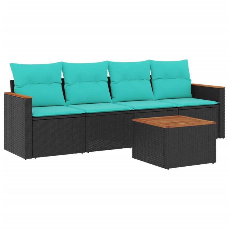 Ensemble de canapé de patio 5 pièces avec coussins en rotin de polyester, Bleu clair, Noir