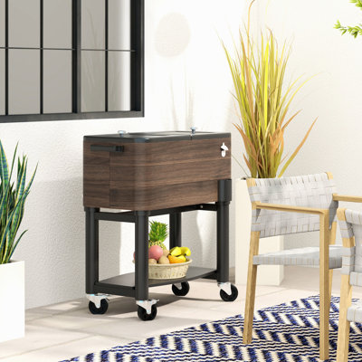 Outdoor Ice Chest Cart - 60 Quart Capacity For Parties, Brown. With Locking Wheels. Keeps Drinks Cold 36 Hours. Has Built-In Bottle Opener And Convenient Drainage Cap Quart, Portable Maintains
