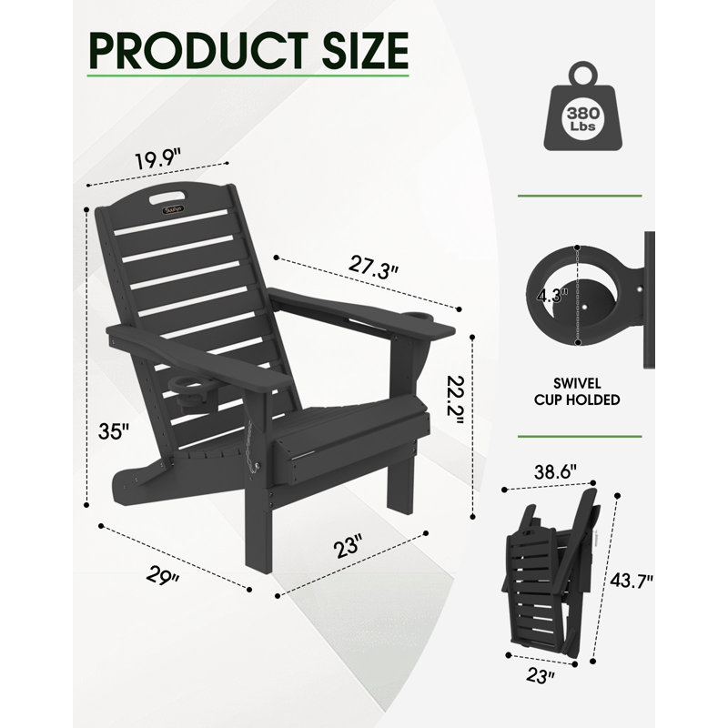 Outdoor Adirondack Chair Weather-Resistant HDPE Foldable Fire Pit Chairs With Cup Holder, Black