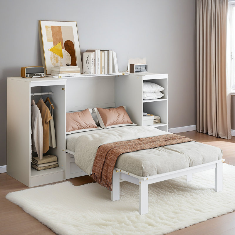 Lit escamotable simple avec tablettes de chevet et garde-robe, blanc