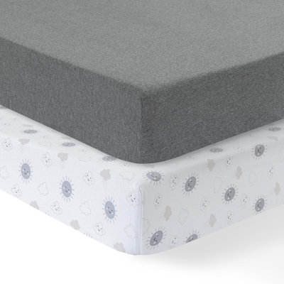 2 Pack Mini Crib Sheets for Boys & Girls, 100% Cotton Jersey Crib Sheets, Pack and Play Sheets, 24 x 38" Fitted Mini Crib Sheets | Grey & Clouds