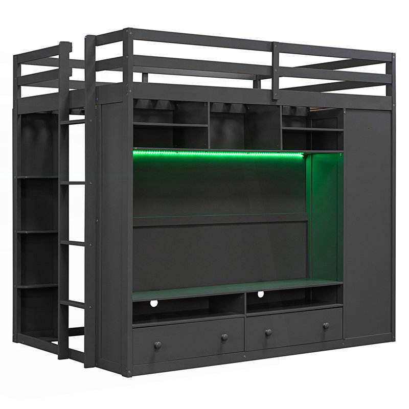 Lit mezzanine double avec tiroirs, tablettes et lumière, Gris