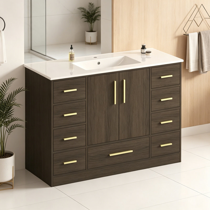 Meuble-lavabo avec 2 portes à fermeture douce et 9 tiroirs, Marron foncé