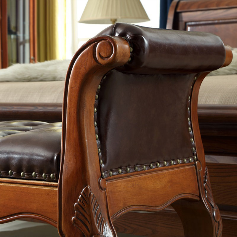 Retro Style Wood Bedroom and Entryway Leather Long Bench
