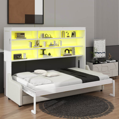 Lit escamotable mural Murphy avec canapé convertible, supports de rangement intégrés et éclairage à DEL