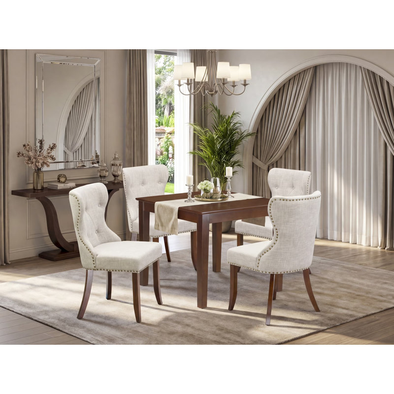 L'ensemble 5 pièces de table et chaises de cuisine comprend une table de salle à manger carrée et 4 chaises de salle à manger Parson en toile de lin, 36 x 36 pouces, acajou