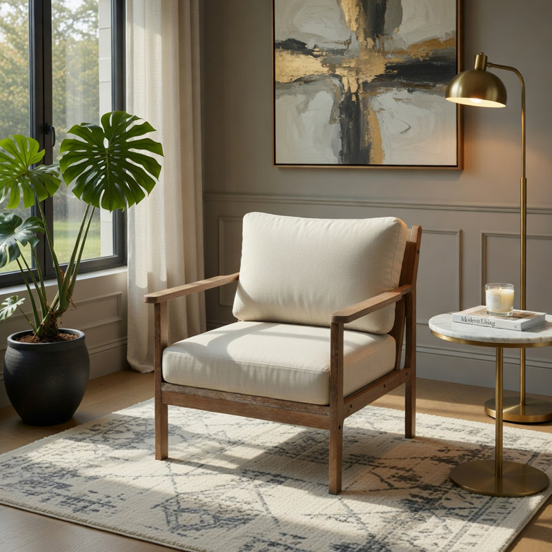  Chaise d'appoint moderne avec accoudoirs en bois d'hévéa massif, siège rembourré en lin de coton, chaise de salon facile à assembler, beige