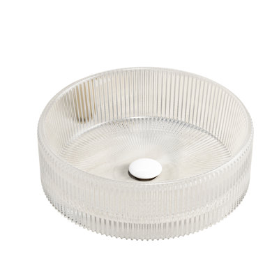 14 - Inch Round Transparent Crystal Glass Bathroom Sink, Artistic Stripes, Suitable For Cabinets, Clean And Easy To Maintain, 4.53 Depth, Faucet Spout 9' Glass, Countertop Use, Refreshing, 13.95*4.53