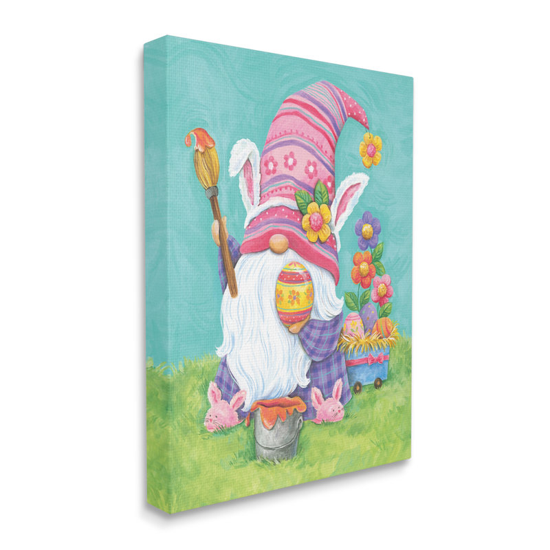Gnome fantaisiste, peinture, œufs de Pâques, fleurs festives, giclée noire, art texturé par Diane Kater, Toile tendue