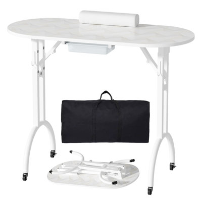 Table de manucure pliante et portable avec tiroirs, repose-poignets et roulettes verrouillables, poste de travail mobile pour salon de manucure à domicile et usage professionnel, poste de travail de manucure tout-en-un