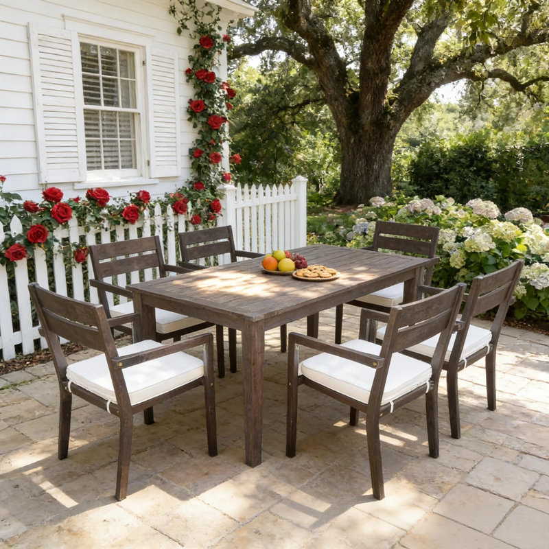 7-Piece Acacia Wood Outdoor Dining Set With Cushions, Patio Table And 6 Chairs, Gray