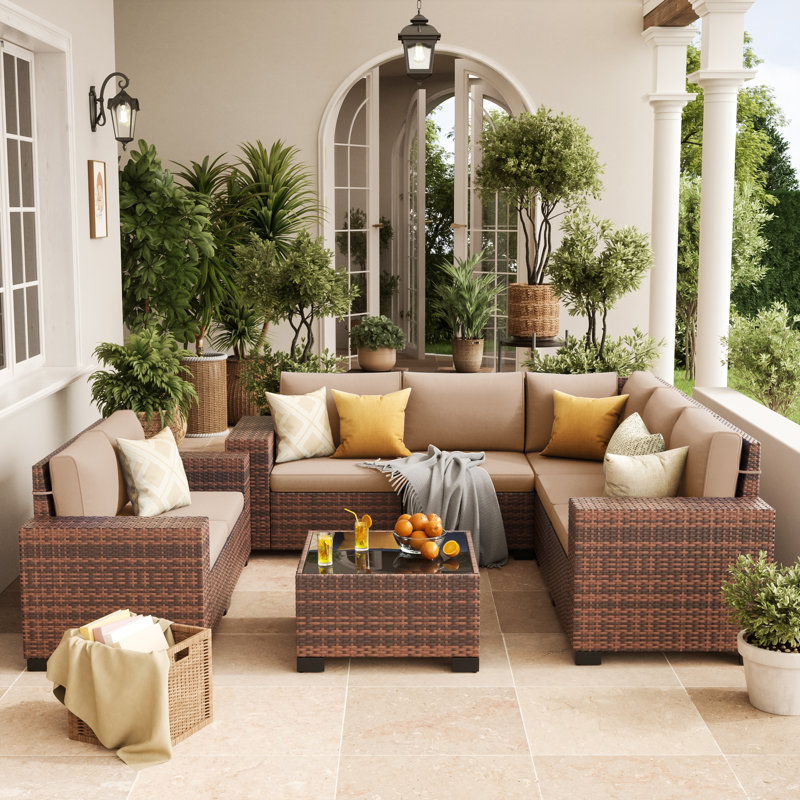 Ensemble de conversation modulaire en rotin pour 7 personnes avec coussins, Brun, Beige