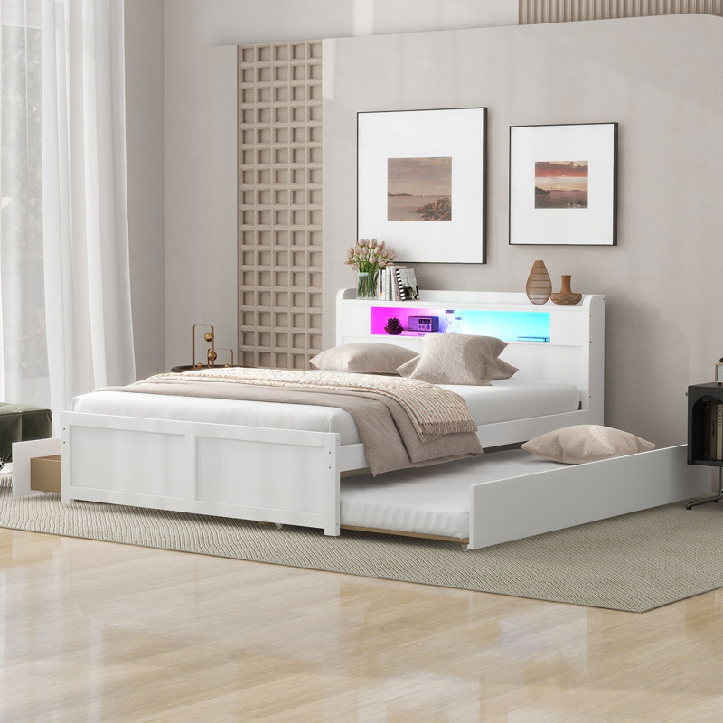 Grand lit plateforme en bois avec rangement à DEL, 2 tiroirs et 1 lit gigogne simple, Blanc