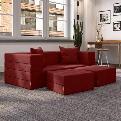 Shontae Boneless Zipline Convertible Compression Sleeper Loveseat, Ottomans & Pillows, Textured Microvelvet
