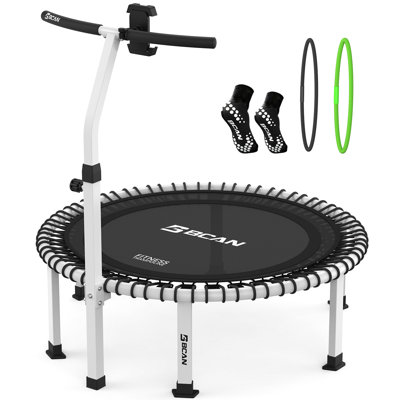 BT4 40" Soft Land Pro Adult Bungee Rebounder Trampoline, 500lb Capacity, Adjustable Tension Bungees, One-Piece Frame (16 Gauge), Quiet Indoor Cardio w/Handle, Phone Holder & 2 Pairs Socks| FED Fitness