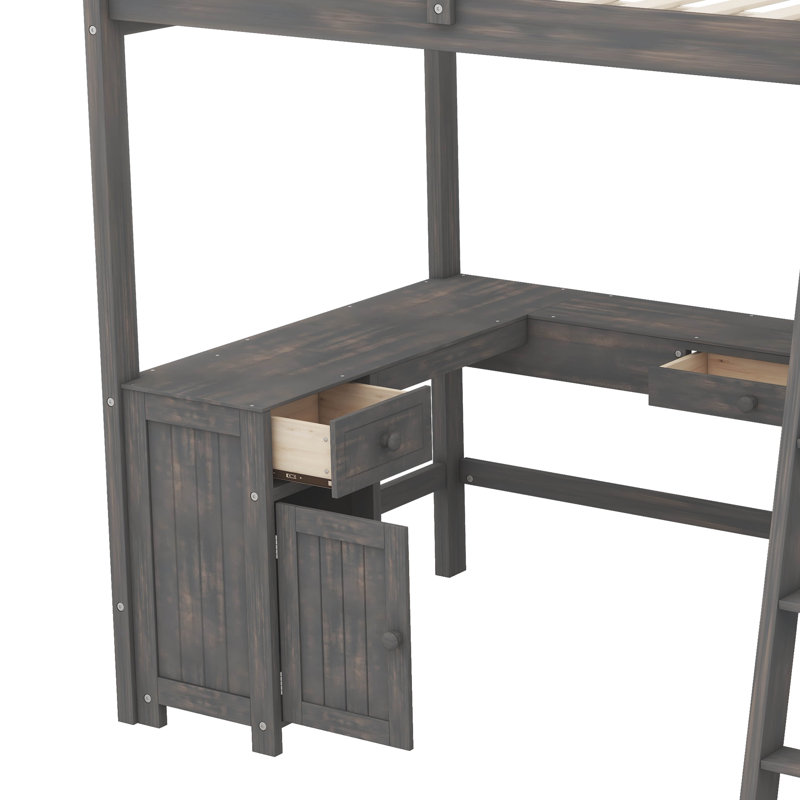 Un lit mezzanine avec bureau en U, tiroirs et tablettes de rangement, Brun antique