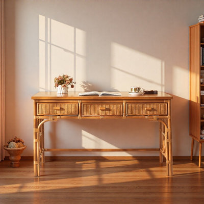 Durable Ash Wood Rattan Three-drawer Writing Desk