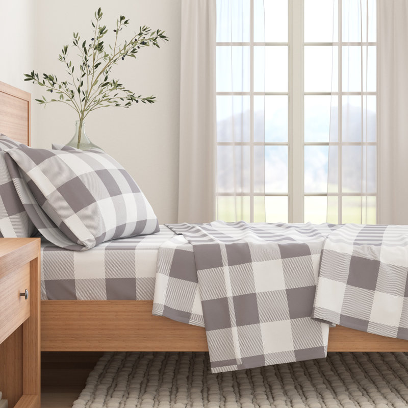 100% Turkish Cotton Flannel Solid & Plaid Sheet Sets, California King with 2 Pillowcases, Buffalo Check - Gray