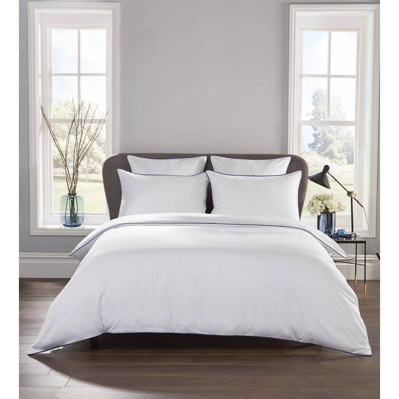 Budding Cotton Solid Colour Duvet Cover Set with Pillowcases, White/Navy, Kingsize - 2 Standard Pillowcases