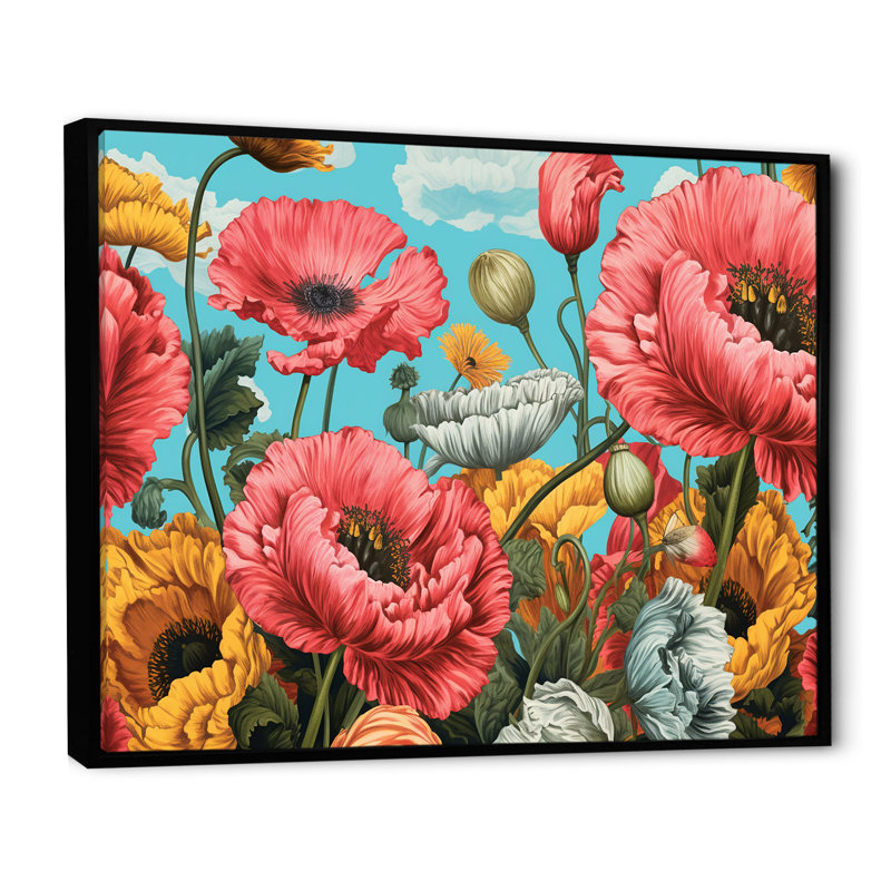 «Sunlight Beautiful Poppy Fields» sur impression sur toile, H 16 po x l 32 po x P 1 po, Cadre flottant noir
